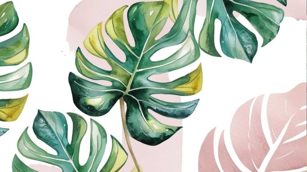 Aesthetic wallpaper of watercolor Monstera Deliciosa Leaves