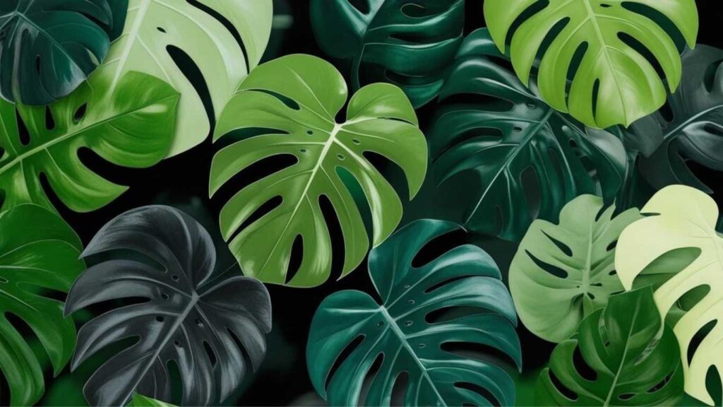 Aesthetic wallpaper of Monstera Deliciosa Leaves in monochromatic green tones