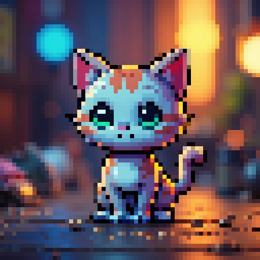 Cute pixel art cat with large head and long tail
