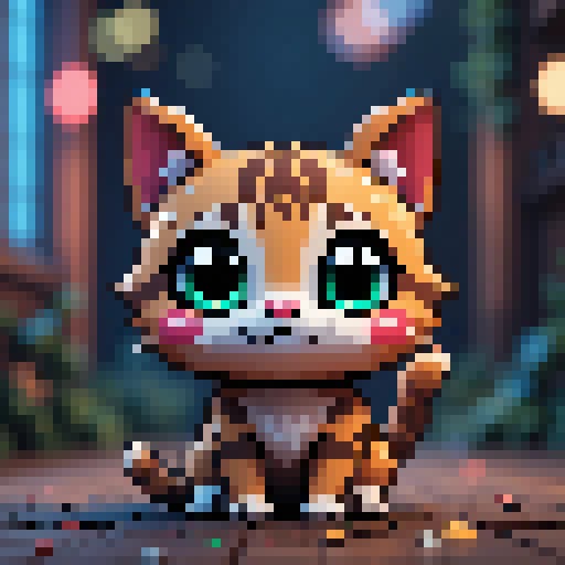 Cute orange cat, big round head, small body, blushing cheeks, 16-bit pixel art, pastel colors.